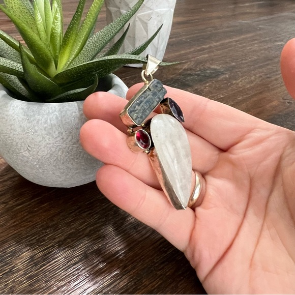 Sterling Silver 925 Multi Gemstone Moonstone Garnet Amethyst Kyanite Pendant - Picture 4 of 10